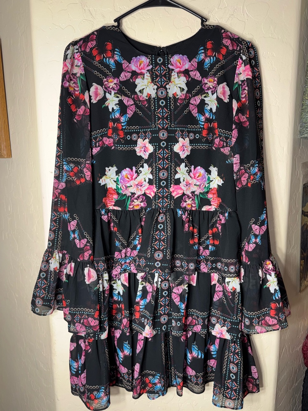 Bebe Black Floral Butterfly Print Tiered Ruffle Bell Sleeve Mini Dress Size S